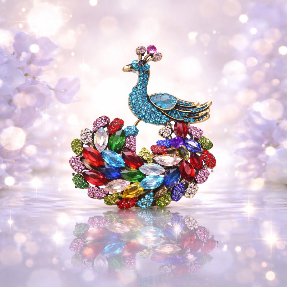 Multi Color Rainbow Rhinestone Peacock Brooch